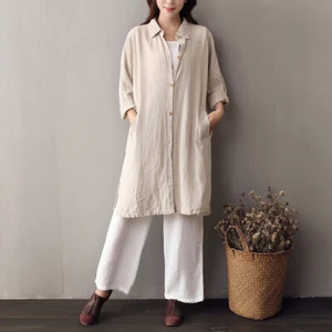Lady Linen Cotton Blend Shirts Baggy Long Sleeve Button Up Blouse Casual Top - Picture 1 of 12
