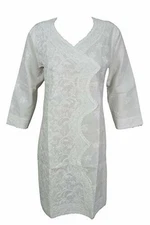 Boho Gypsy SUMMER Tunic Dress Cotton White Floral Embroidered Kurti Dresses SM