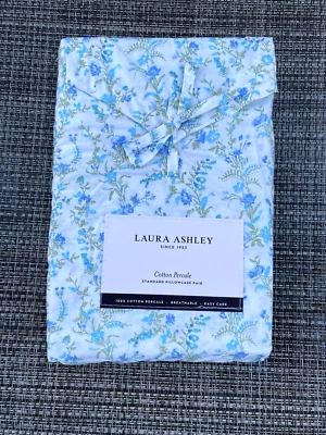 Laura Ashley Taylor Blue Green Floral Cotton Percale STANDARD Pillowcase Set 2pc - Image 1 of 4