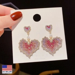 Fashion Women 925 Sterling Silver Crystal Colorful Big Heart Earrings Stud 0674 - Picture 1 of 5
