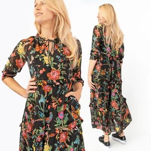 Joules Womens Midi Dress Black Floral Brooke Woven Tiered Lightweight Pockets - Picture 1 of 11