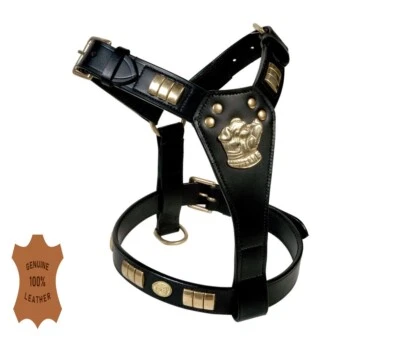 STAFFY LEATHER DESIGNER DOG HARNESS WITH DOG MOTIFF FULLY PADDED BRASS FITTING - Image 1 of 4