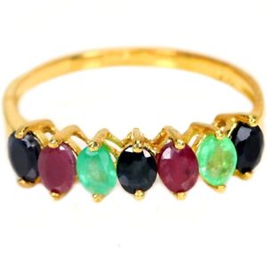 REAL AAA BLUE SAPPHIRE, GREEN EMERALD & RED RUBY STERLING 925 SILVER RING SIZE 7