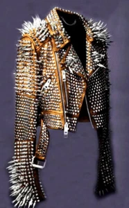Men's Brown Punk Full Silver Long Spiked Studded Unique Classic Leather Jacket - Picture 1 of 3