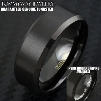Anillo de boda cepillado de carburo de tungsteno negro de 6/8 mm para hombre grabado disponible Foto 1 de 4