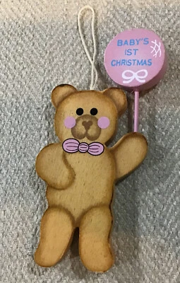 Christmas Tree Wooden Ornament Girl Bear Baby's 1st Christmas 5.25” H Vintage - Image 1 of 3