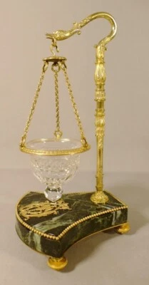 Lampe Veilleuse De Style Empire En Bronze Doré Marbre Vert Et Cristal époque XIX - Photo 1/4