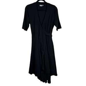 eShakti Cotton Blend Knit Midi Wrap Dress Women Size Large 14 Black Pockets - Picture 1 of 12