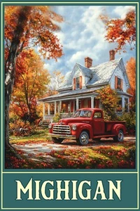 Póster de viaje arte casero camión árboles follaje otoño Michigan impresión de giclee 16x24 - Imagen 1 de 1