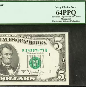 1977A $5 Federal Reserve Note PCGS 64PPQ - Bounced Impression Overprint - Error - Picture 1 of 3