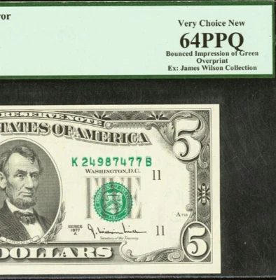 1977A $5 Federal Reserve Note PCGS 64PPQ - Bounced Impression Overprint - Error - Image 1 of 3