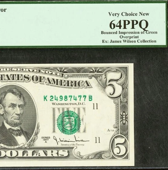 1977A $5 Federal Reserve Note PCGS 64PPQ - Bounced Impression Overprint - Error - Image 1 of 3