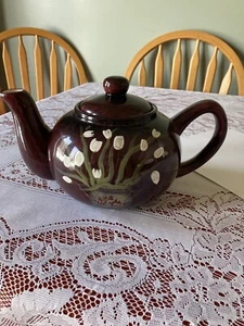 Vtg Crazy Mountain Two Tone Brown Floral Teapot - White Flowers Are Raised - Picture 1 of 11