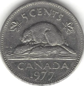 1977 CANADA 5 cent, Nichel, Elisabetta II, circolata (MONETA, DENARO, DA COLLEZIONE) - Foto 1 di 3