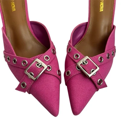 Moda Nova Lona Barbie Rosa Tacones de Aguja Mules Punta Tacones Talla 9 Foto 1 de 4