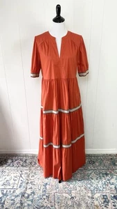 PUROTATTO Orange Tiered Maxi Dress W/ Tan Ribbon Size 44 US 6-8 Made In Italy - Picture 1 of 18