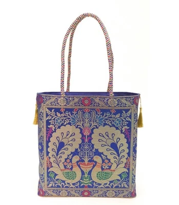 Blue Peacock Woven Handbag Indian Traditional Zari Brocade Women Shoulder Bag - Image 1 of 4