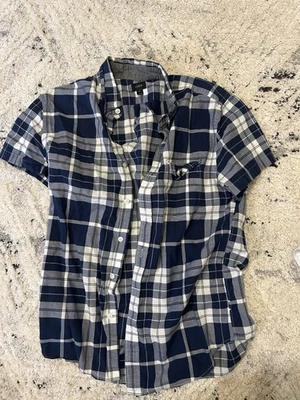 J Crew Men’s Short Sleeve Button Up Navy Blue With White Plaid Slim Cut Size M - Image 1 of 3