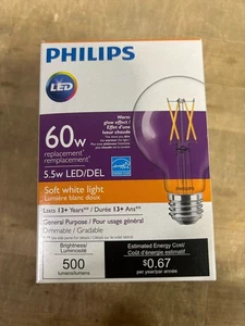**NEW** PHILIPS 5.5G25/PER/927-22/CL/G/E26/WGX/1FB/T20 (60w)- Soft White Light - Picture 1 of 4