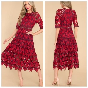 Just ME Womens Get To The Point Red Lace Midi Dress Embroidered Crocheted Floral - Picture 1 of 12