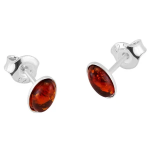 925 Solid Pure Sterling Silver Honey Real Baltic Amber Oval Small Stud Earrings - Picture 1 of 4