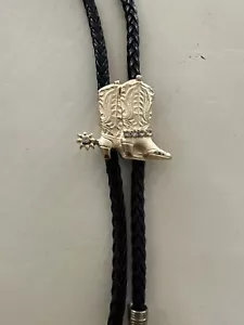 Cowboy Double Boot Bolo Tie w/5 Crystals Braided Black Leather - Picture 1 of 3