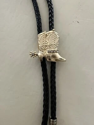 Cowboy Double Boot Bolo Tie w/5 Crystals Braided Black Leather - Image 1 of 3