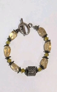 Natural Yellow Citrine Polished Nugget Crystal Bead Sterling Silver 8" Bracelet - Picture 1 of 5