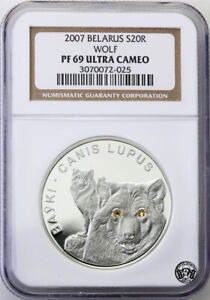 Belarus: 20 Roubles 2007. Wolf. NGC PR69 Ultra Cameo. 