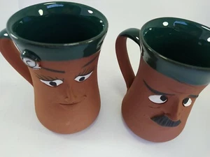 Terra Cotta Glazed Coffee Mugs Handmade Emoji Turkish Pottery Clay Set of 2 - Picture 1 of 10