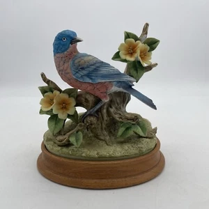 Andrea by Sadek Porcelain Bluebird With Yellow Flowers Figurine and Wood Stand - Picture 1 of 15