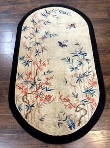 Antique Chinese Oval Rug 3.9 x 6.7 Floral Butterfly Wool Art Deco Peking Carpet - Picture 1 of 9