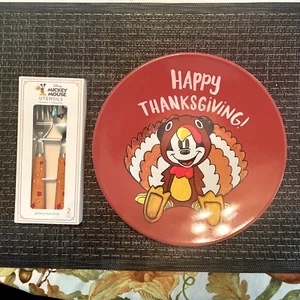Mickey Mouse Pottery Barn Thanksgiving holiday Plate + Utensil party gift Disney - Picture 1 of 12