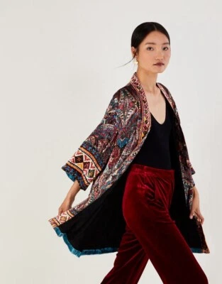 ¡NUEVO CON ETIQUETAS! Cárdigan Monzón Estampado Terciopelo Boho Azteca Kimono Campesino Cachemira Cubrir Foto 1 de 4