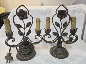 ANTIQUE WROUGHT IRON L.D.B. & CO. PAIR LAMP FIXTURES 1920 's ROSE DESIGN - Picture 1 of 4