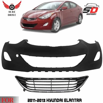 Front Bumper Cover Primed & Bumper Grille Kit For 2011-2013 Hyundai Elantra Foto 1 de 4