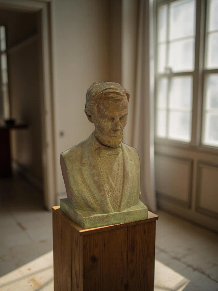 Estatua busto Abraham Lincoln de cobre sobre pedestal de madera - Coleccionable histórico Foto 1 de 1