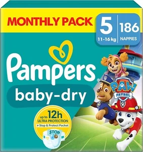 Pampers Baby-Dry Paw Patrol Edition Size 5, 186 Nappies, 11kg - 16kg, Monthly P - Picture 1 of 10