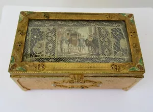 Portagioie Farber Bros placcato oro 22 kt ~ coperchio nastro metallico smaltato e vetro - Foto 1 di 8