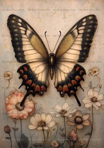 BUTTERFLY AND FLOWER ART PRINT, Botanical Insect Poster, Fantasy Fairycore Decor - Picture 1 of 2