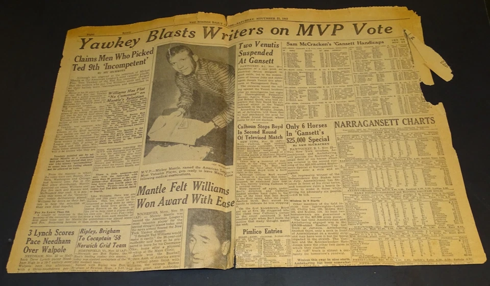 Nov. 23, 1957 Mickey Mantle Named A.L. MVP (RAGGED/POOR newspaper clipping) - Image 1 of 3
