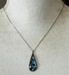 Vintage 920 Silver Morpho Butterfly Wing Tropical Scene Pendant Necklace Rio - Picture 1 of 4