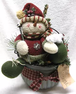 Primitive Country Handmade Winter Plush Snowman Vtg Tin Bucket Night Light Core - Picture 1 of 10