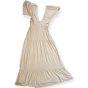 Three Bird Nest Tiered Maxi Dress Women L Beige Ruffle Sleeves Open Back Boho - Picture 1 of 16