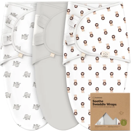 KeaBabies Algodão Orgânico Bebê 0 3 Mos Swaddle Wraps Elefante Leão Cinza 3pk NOVO - Imagem 1 de 4