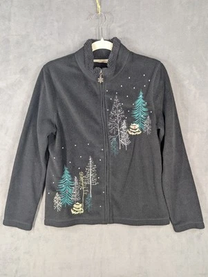 Croft And Barrow Jacket Women's Small Black Fleece Zip Up Christmas Winter - Image 1 of 4