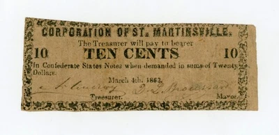 1863 10c The Corporation of St. Martinsville, LOUISIANA Note - Image 1 of 2