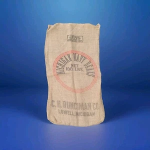 Vintage Burlap Bag Michigan Navy Beans 100 Lb CH Runciman CO. Lowell, Michigan - Picture 1 of 5