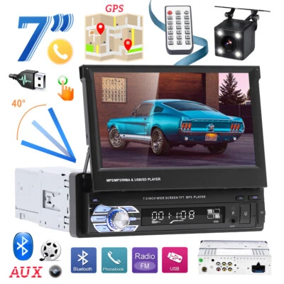 AMPRIME 7" Flip Stereo Car Radio 1Din Single Touch Screen Player BT USB TF AUX + Camera