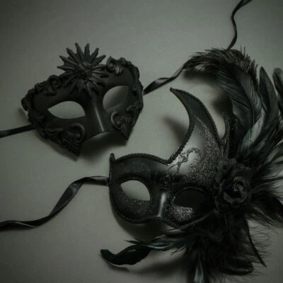 Black Roman Greek Emperor and Feather Eye Mask Masquerade for Couple - Image 1 of 4